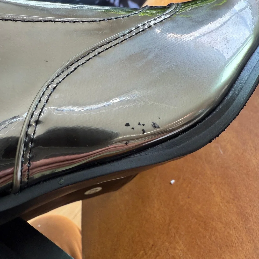 Santimon Men's US 9 Silver Bright Slip-on Opera Pumps Leather w/ SMALL SCUFF Hig
